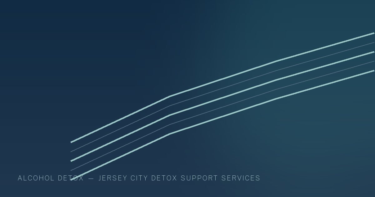 Illustration in the site's navy and teal palette showing a quiet pathway curving toward open light, marking this guide to Alcohol Detox in New Jersey.