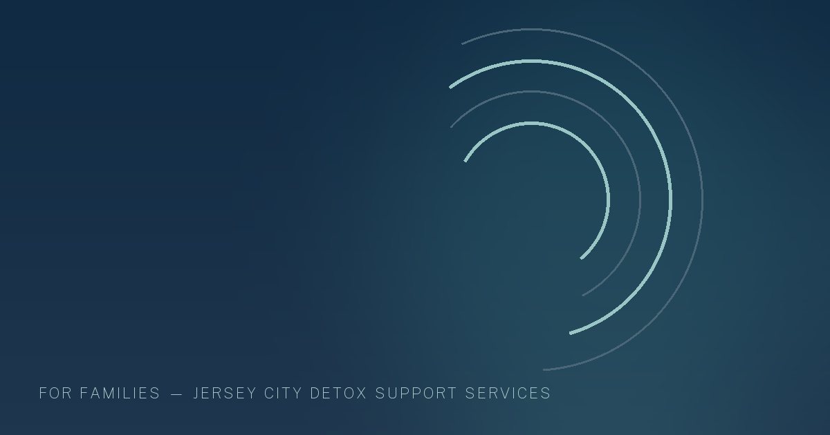 Illustration in the site's navy and teal palette showing overlapping arcs gathered around a common centre, marking this guide to Addiction Treatment for First Responders & Healthcare Workers in New Jersey.